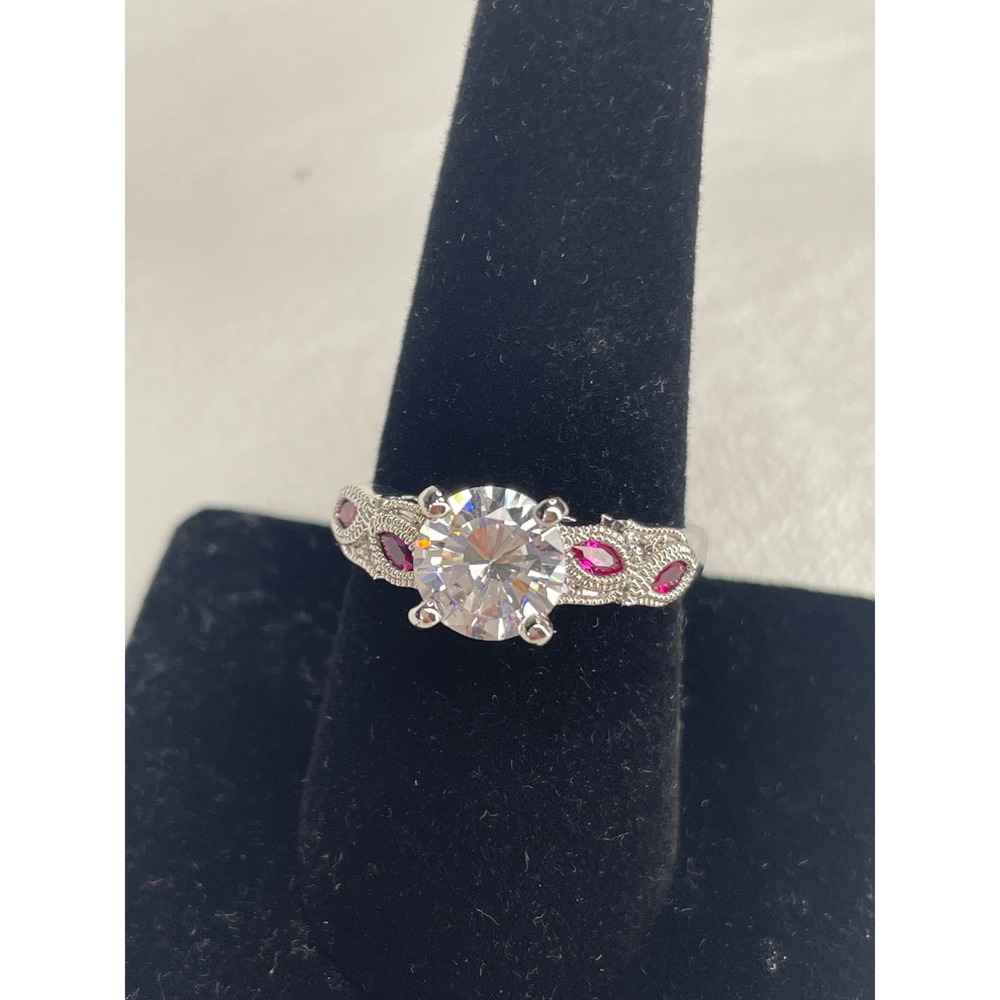 Vintage Style Round Cut CZ Ruby Red Accent Silver Tone Filigree Ring Size 9
